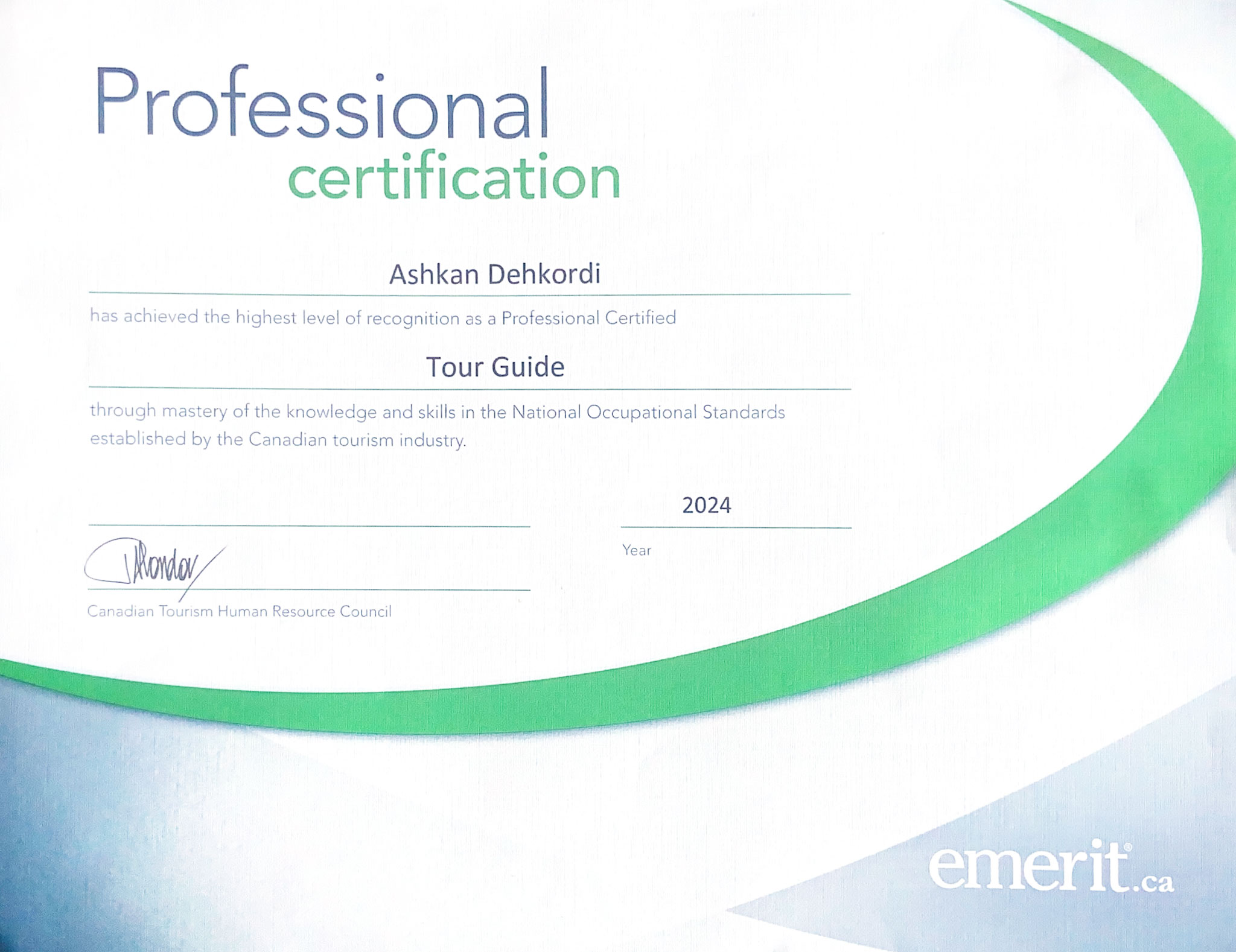 Professional Tour Certificate